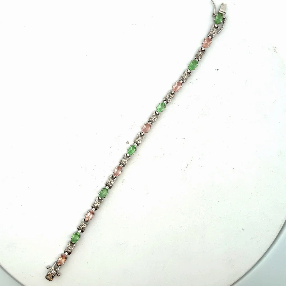 Designer Sterling Silver Pink & Green Cubic Zirconia Chain Link Tennis Bracelet
